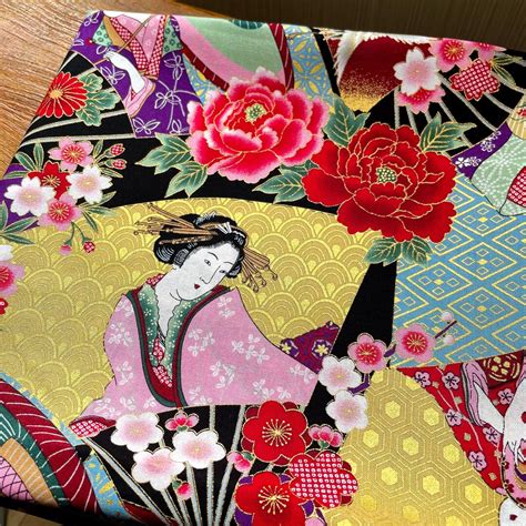 Japanese Fabric Geisha 50cm By The Meter Yard Cotton Print Black Red