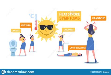 Heat Stroke Symptoms Concept Female Characters Suffer Of Sun With Nausea Strong Heartbeat Or