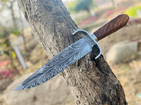 Feather Damascus Steel Bowie Knfie Etsy