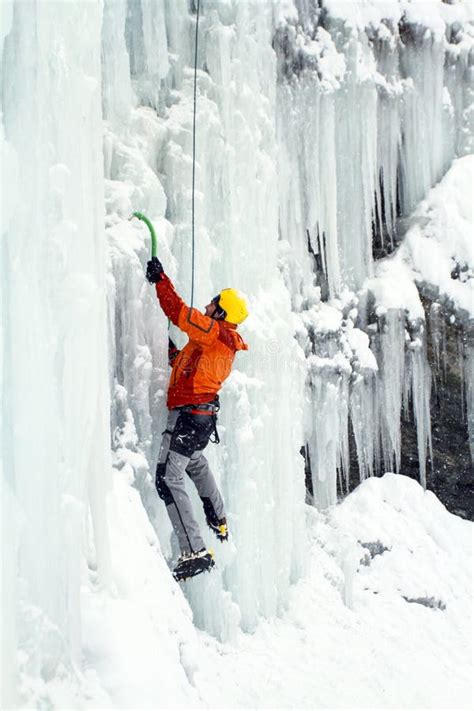 Ice Climbingman Climbing Frozen Waterfall Stock Image Image Of