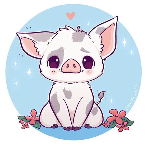 A Small White Pig Sitting On Top Of A Blue Circle With Flowers In Its Paws