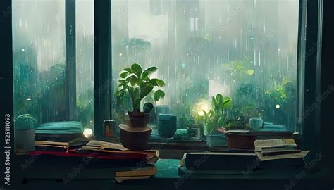 Lofi Empty Interior Window View Of A Rainy Day Anime Manga Style