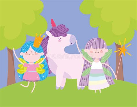Little Fairies Princess With Wand Crown And Unicorn Tale Cartoon Stock