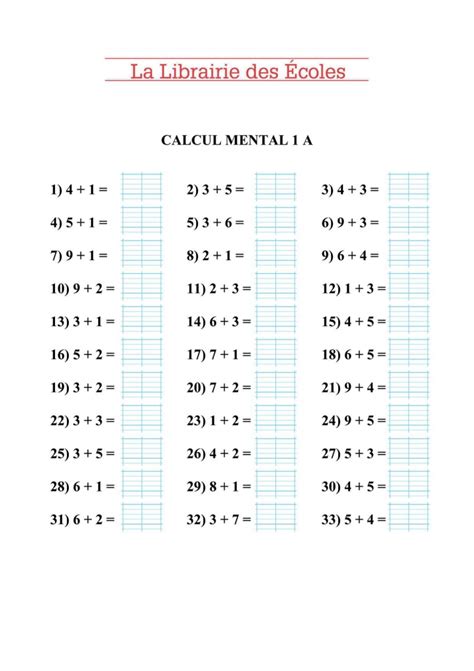 Fiche De Calcul 1 Additions Inférieures à 20 La Librairie Des Ecoles