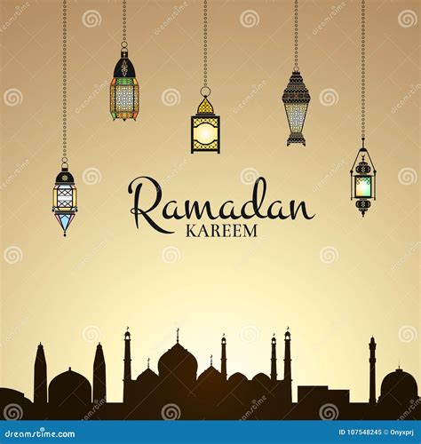 Vector Ramadan Illustration With Lanterns And Arabic City Silhouette