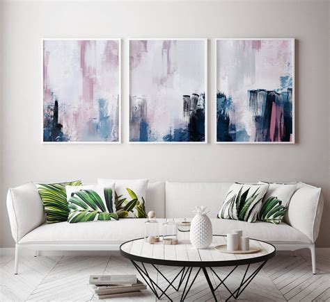 Pink And Navy Blue Triptych Wall Art Set Of 3 Prints Digital Download
