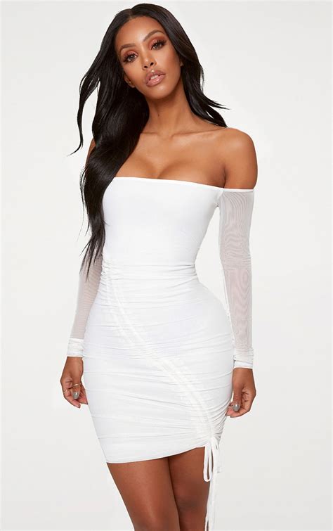 Shape White Ruched Mesh Bodycon Dress Dress Prettylittlething Ca