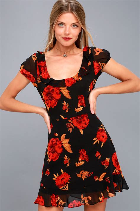 Lovely Black Floral Print Dress Ruffled Dress Lulus