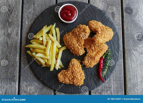Breaded Crispy Chicken Wing Fried French Fries Sauce Stock Image
