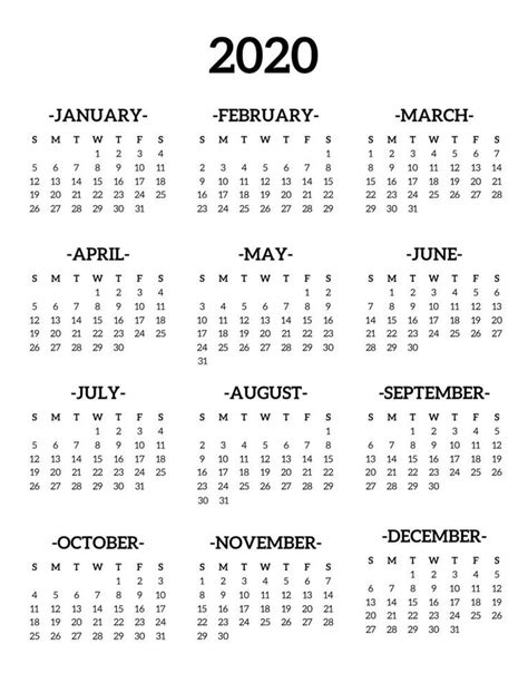 A Black And White Calendar For The Year 2020 With Months Starting From