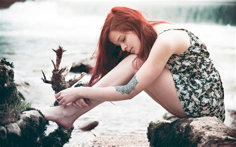 Wallpaper Women Outdoors Redhead Sea Barefoot Dress Tattoo Fashion Hair Emotion