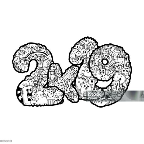 Yeni Yıl 2k 19 Canavar Doodle Tarih Süslü Tatil Sembolü Stok Vektör
