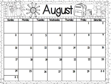 August Preschool Calendar Template Clip Art Library