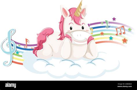 Cute Unicorn Laying On The Cloud With Melody Symbols On Rainbow