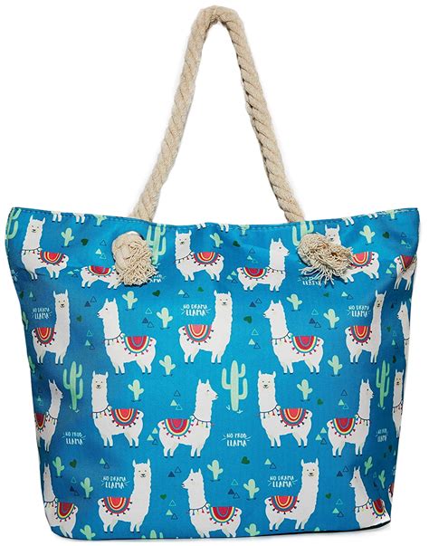 Llama Beach Shoulder Tote Bag Blue With White Llama Weekender Travel