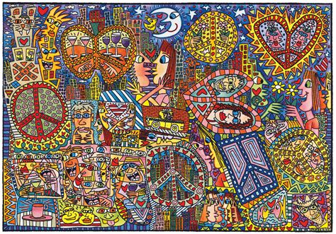 125th street station, 2014 81 rizzi prints on the wall, 2002 a block in brooklyn, 2007 a cactus in texas, 2017 a central park for lovers, 2005 a couple of couples, 2008 a cruise to remember. James Rizzi: Teppich "Give Peace a Chance" (230 x 160 cm ...