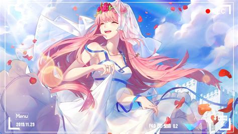 Zero two desktop wallpapers, hd backgrounds. darling in the franxx zero two wearing wedding dress with background of blue sky and clouds 4k ...