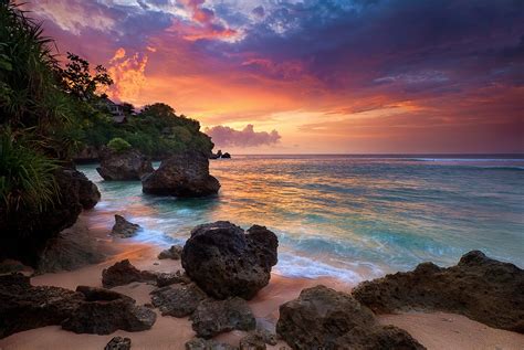 Bali Sunrise Indonesia Nature Clouds Sea Rock Landscape Shrubs