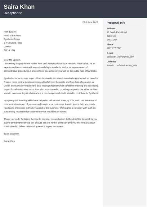 Receptionist Cover Letter Example And Writing Guide