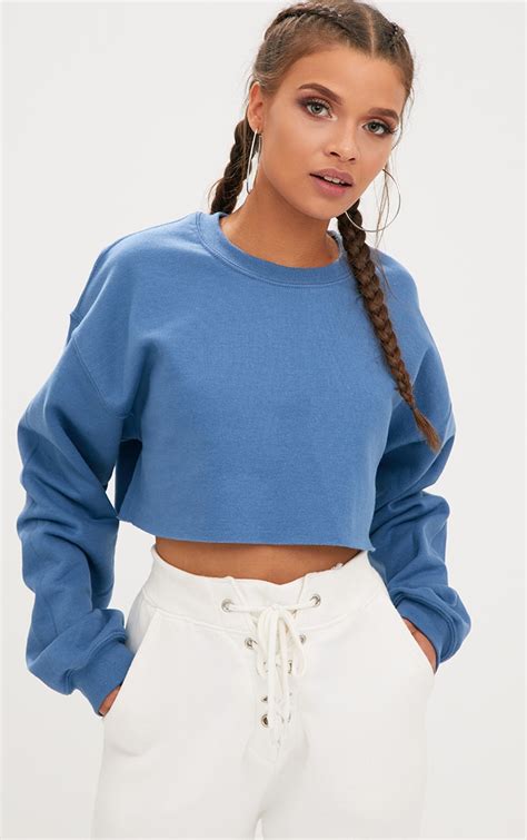 Dusty Blue Ultimate Cropped Sweater Tops Prettylittlething Ie