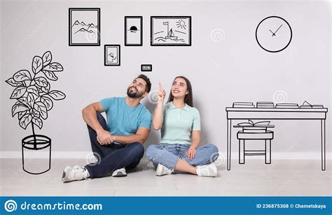 Happy Couple Dreaming About Renovation On Floor Illustrated Interior