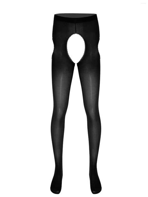 Stretchy Lace Open Crotch Pantyhose For Men Sexy Sheer Translucent
