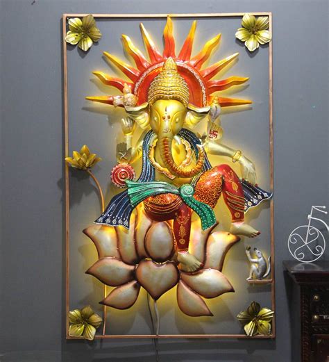 Buy Iron Lord Ganesha Wall Art With Led In Yellow By Malik Design