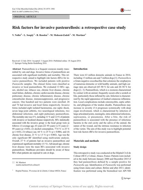 Risk Factors For Invasive Pasteurellosis A Retrospective Case Study