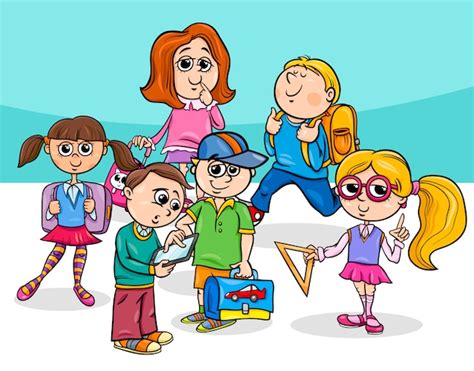 Grupo De Niños De Escuela Primaria De Dibujos Animados Vector Premium