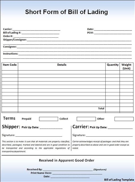Bill Of Lading Template Free Word Templates