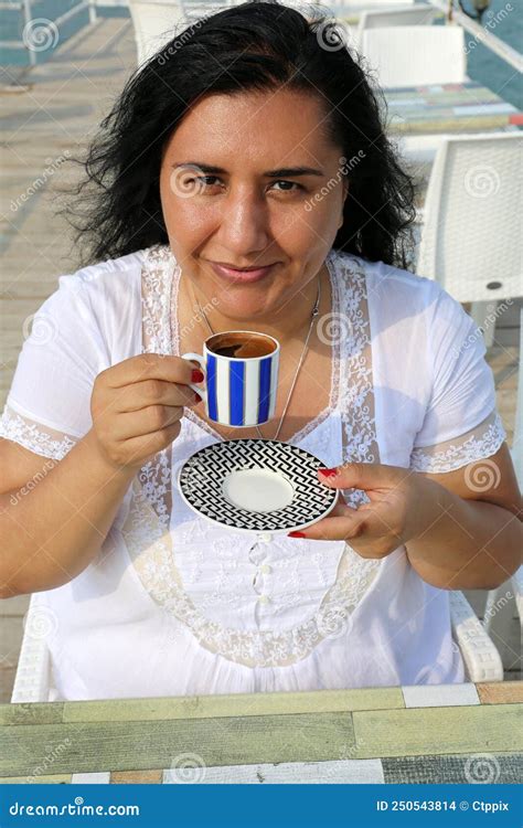 Pretty Turkish Woman With White Dress Drinking Turkish Coffee Stock Photo Image Of Drinking