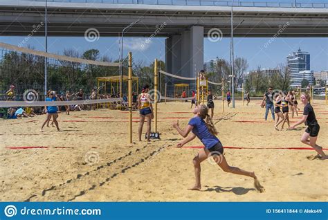 Cute Girls Play Beach Volleyball Friends Watch The Game Editorial