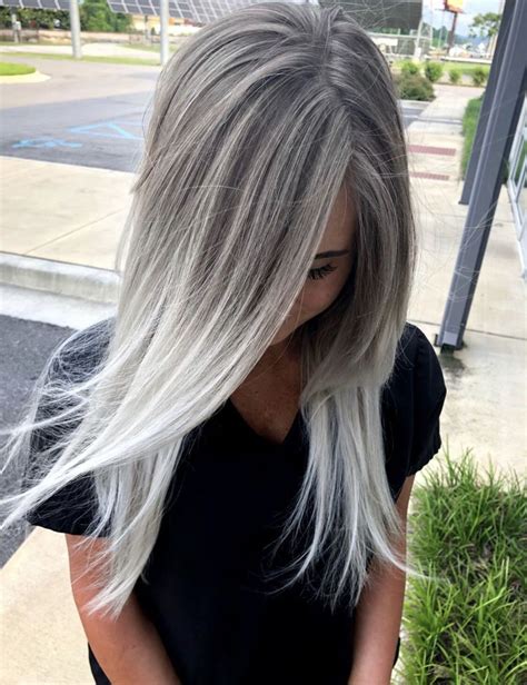 In Love With This Balayage Look Silver Grey Roots Leading Into A