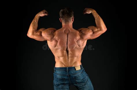 Bodybuilder Perfect Shape Rear View Strong Bodybuilder Flexing Arms