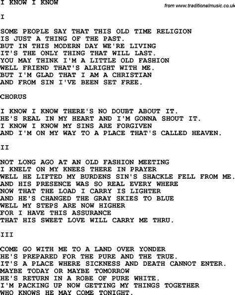 Country Southern And Bluegrass Gospel Song I Know I Know Lyrics