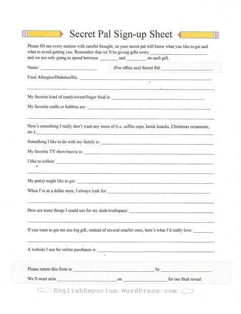 Secret Pal Questionnaire Free Printable - Printable Word Searches