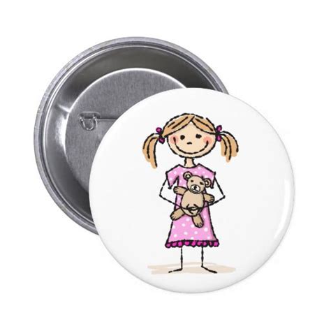 Cute Stick Figure Girl With Teddy Bear Button Zazzle