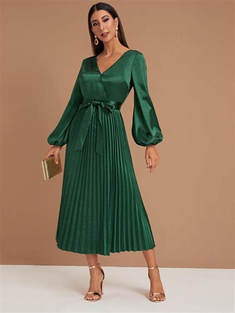 Bishop Sleeve Pleated Belted Satin Dress Shein Usa Satin Dress Long