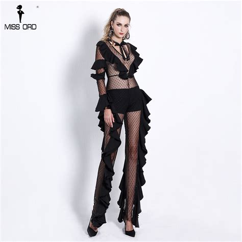 Missord 2018 Women Sexy V Neck See Through Ruffle Dot Jumpsuit Elegant Lace Tie Playsuit Ft18704