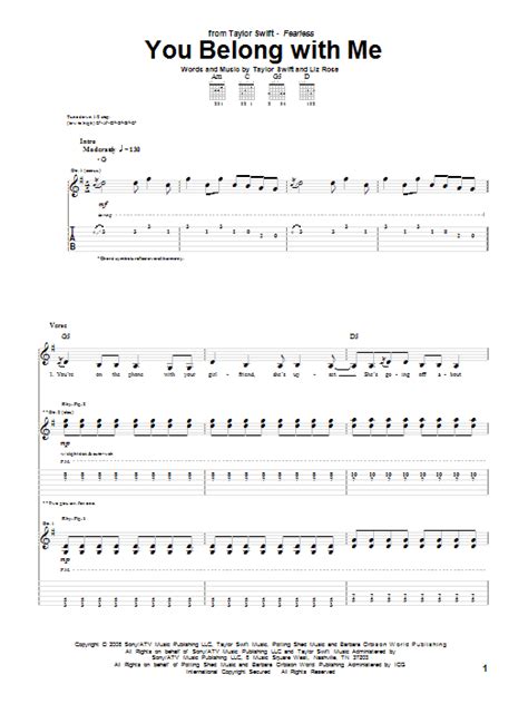 You Belong With Me Guitar Tab By Taylor Swift Guitar Tab 72907