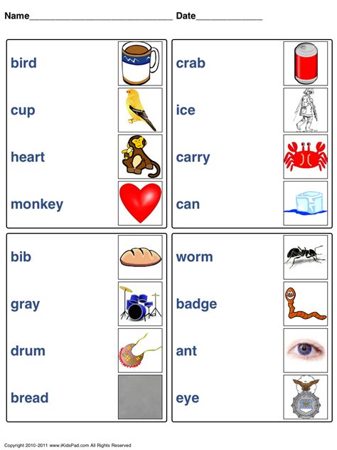 These are considered the simplest words and the starting point of many phonics programs (after some work on initial sounds). Match Pictures With Words Worksheets Printable