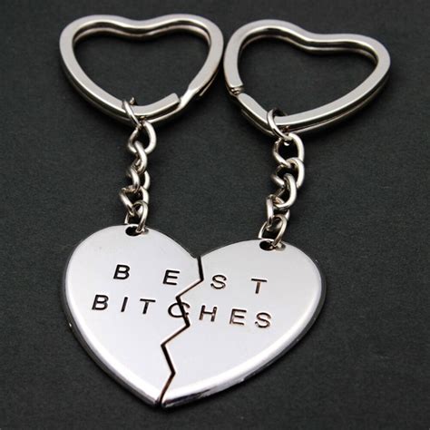 Hot Pair Heart Pendant Pieces Broken Two Best Bitches Friendship Forever Women Keychain