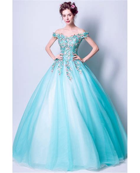 Off Shoulder Aqua Blue Prom Dress Ball Gown With Special