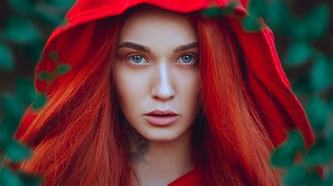 Wallpaper Women Model Face Portrait Redhead Long Hair Green Eyes 2000x1125
