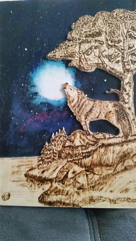 Wolf Nachthimmel Brandmalerei Ahşap Yakma