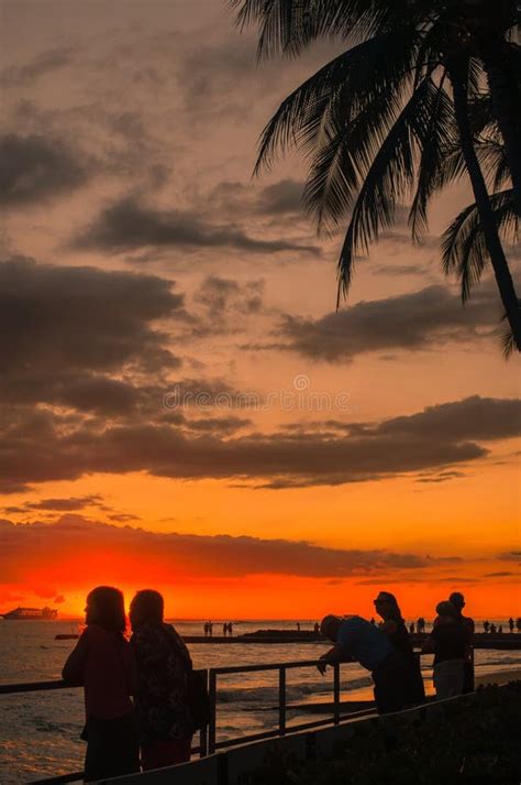 Sunset At Waikiki Bay In Honolulu Hawaii Editorial Stock Photo Image