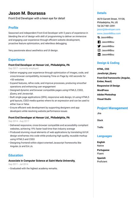 Perhaps you might want to consider taking a look at these sample resumes available so that you can have a sample guideline or format. Front End Developer Resume for 2020 Example & Guide - Jofibo