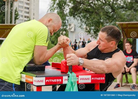 Two Arm Wrestlers Fight Each Other Arm Wrestling Competitions Outdoor