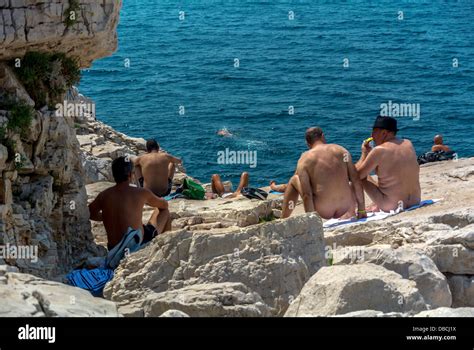 Marseille France Gay Men Relaxing On Nude Beach Scenes Point Rouge On Mediterranean Sea