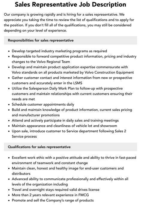 Sales Representative Job Description Velvet Jobs